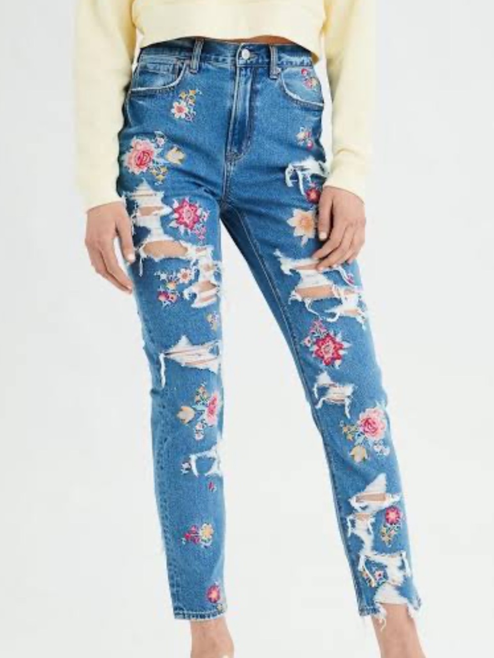 American Eagle Outfitters Blue Embroidered Distressed Straight-Leg Jeans